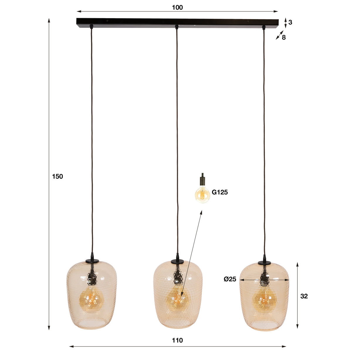 Pendelleuchte PYTHON 3F – Amberfarbenes Glas & Bronze