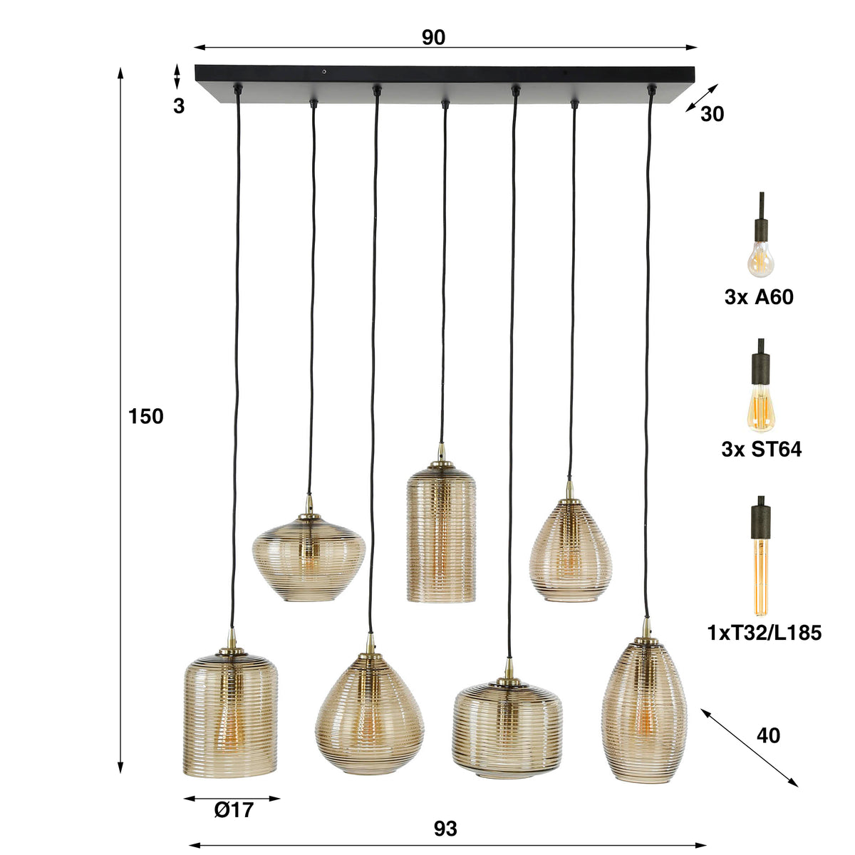 Pendelleuchte Stripe Horizontal 4+3-Fassungen / Amberfarbenes Glas