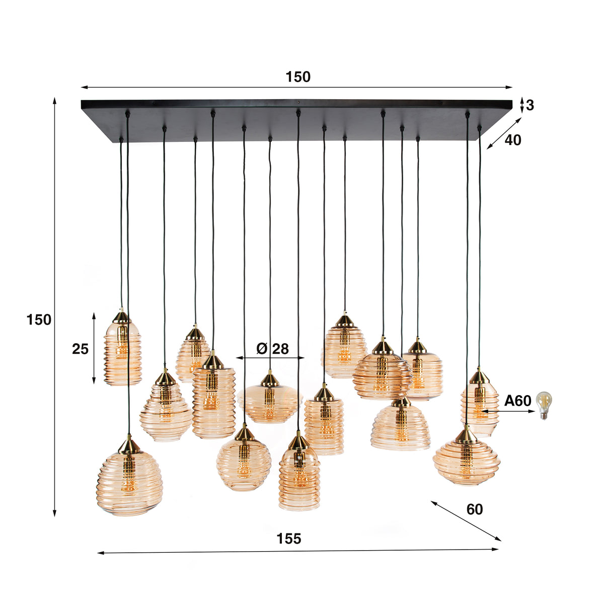 Pendelleuchte Rib Glass 5+5+5-Fassungen / Amberfarbenes Glas