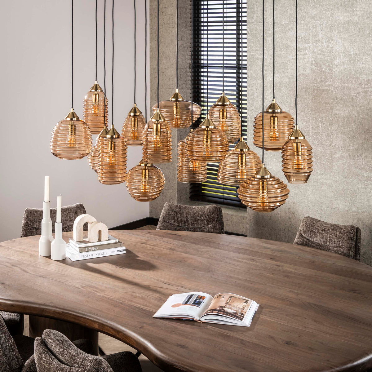Pendelleuchte Rib Glass 5+5+5-Fassungen / Amberfarbenes Glas