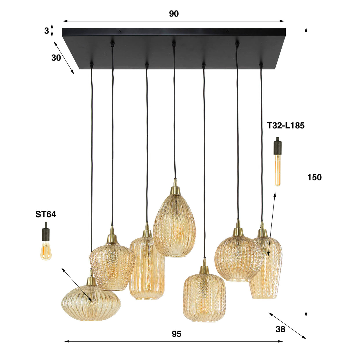 Pendelleuchte V-Shape 4+3-Fassungen / Amberfarbenes Glas
