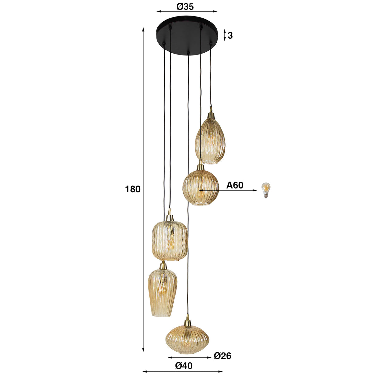Pendelleuchte V-Shapre gestuft 5-Fassungen / Amberfarbenes Glas