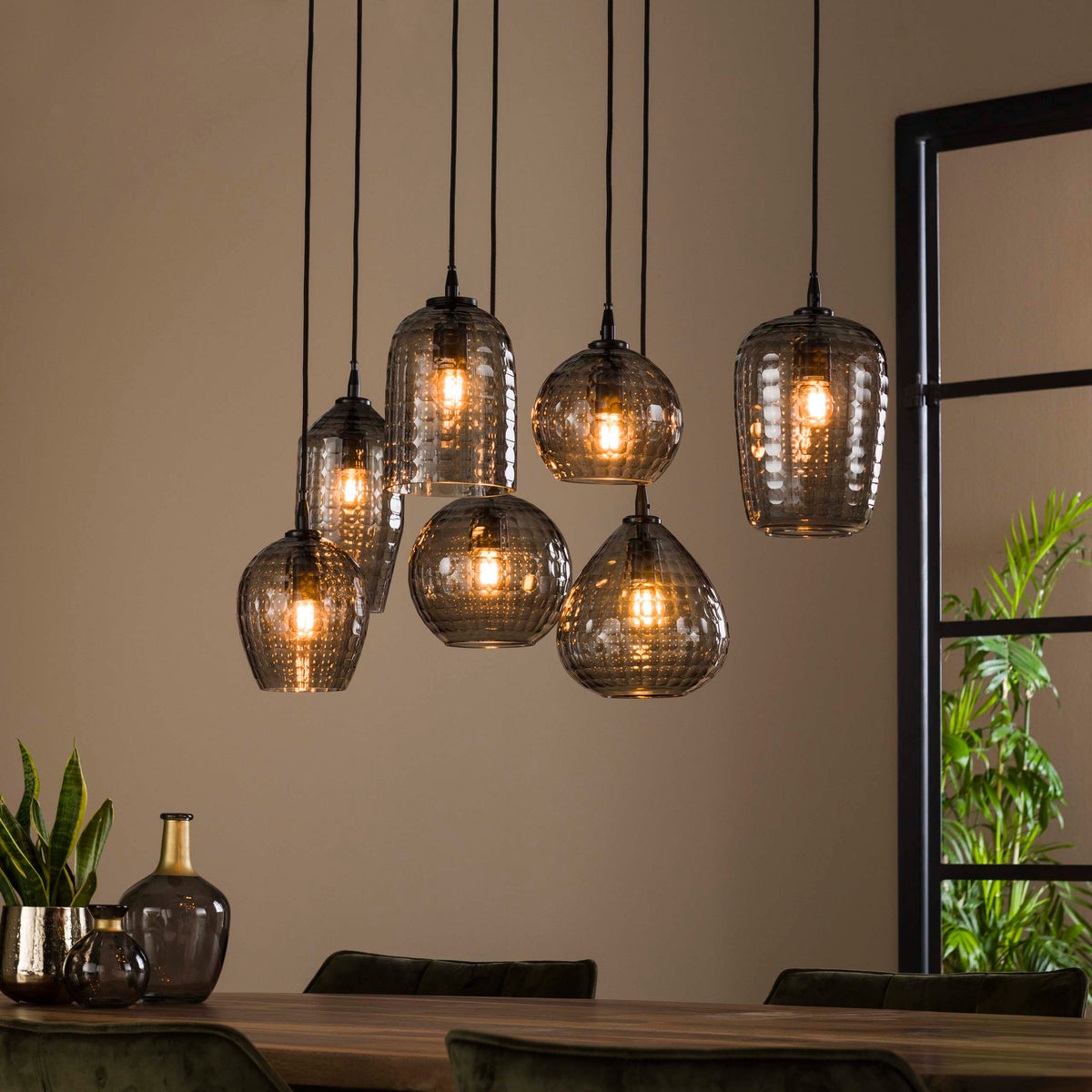 Pendelleuchte Hexagon 4+3-Fassungen / Smoke grey Glas
