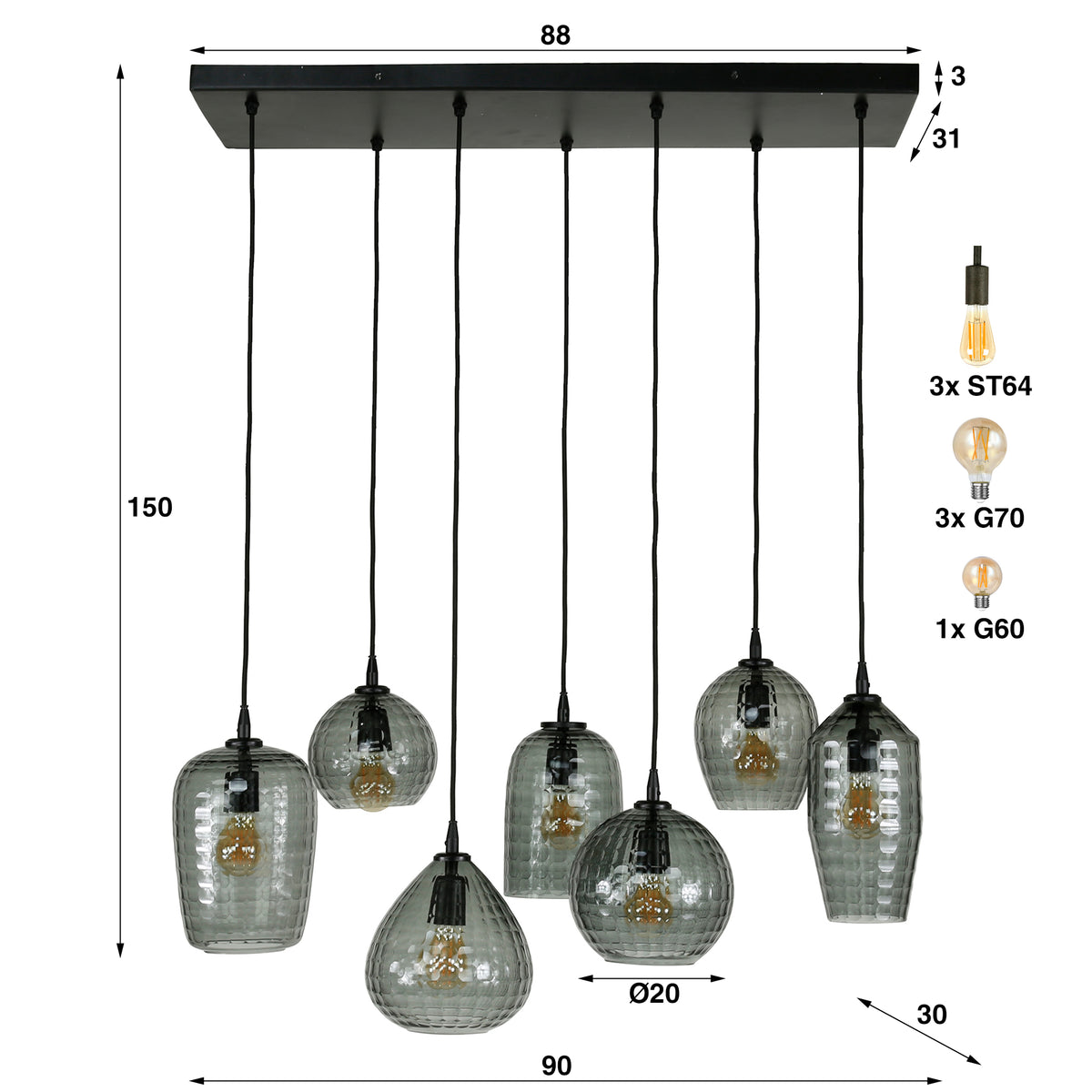 Pendelleuchte Hexagon 4+3-Fassungen / Smoke grey Glas