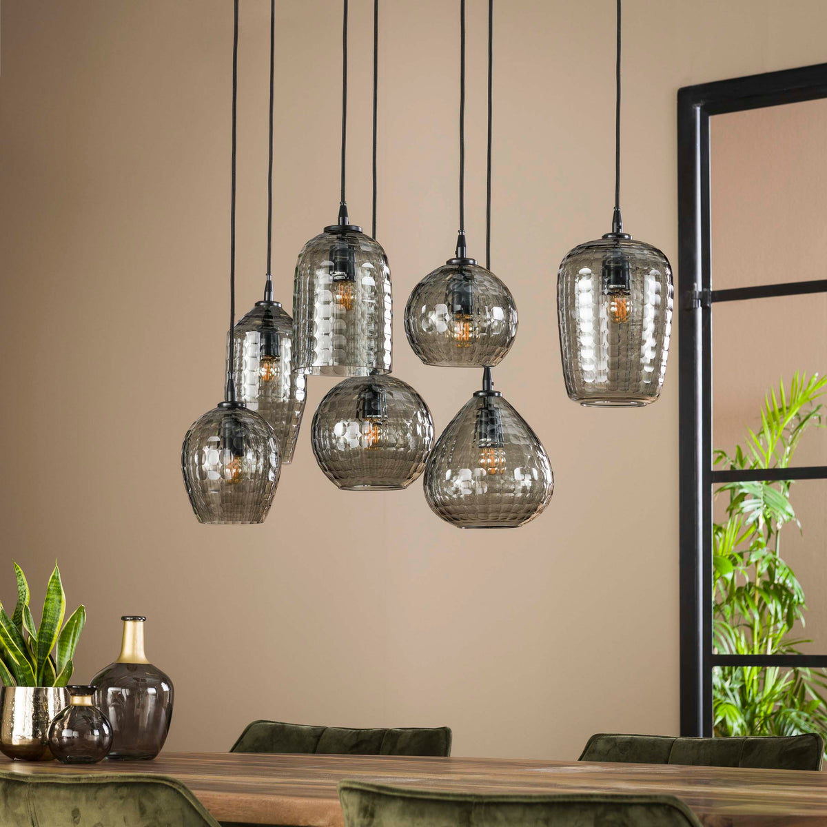 Pendelleuchte Hexagon 4+3-Fassungen / Smoke grey Glas