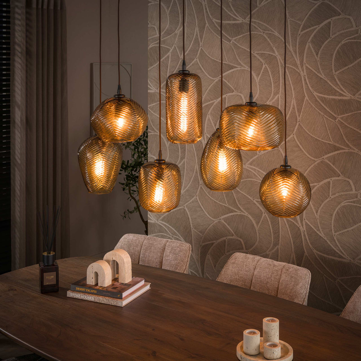 Pendelleuchte Chevron 4+3-Fassungen / Smoke braun Glas