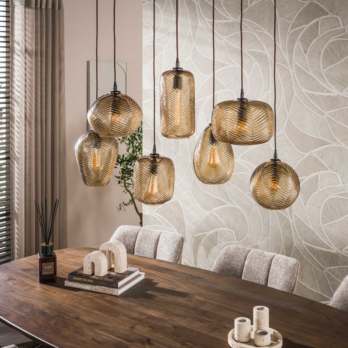 Pendelleuchte Chevron 4+3-Fassungen / Smoke braun Glas