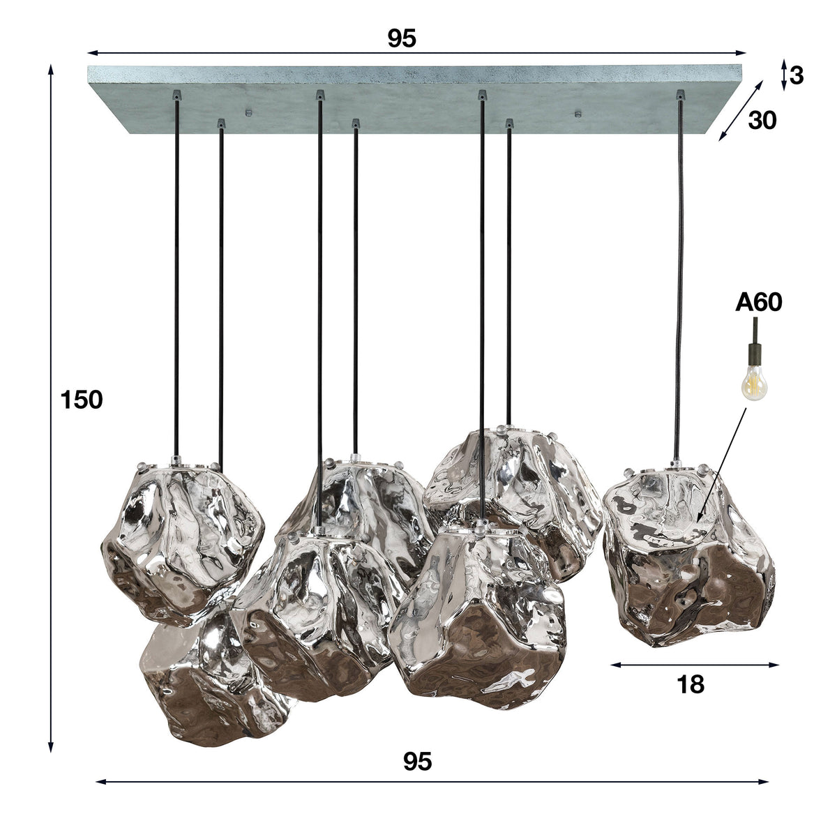 Pendelleuchte Rock 4+3-Fassungen / Chromglas