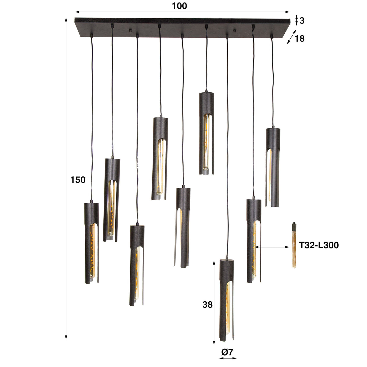 Pendelleuchte Tube 5+4-Fassungen / Artic schwarz