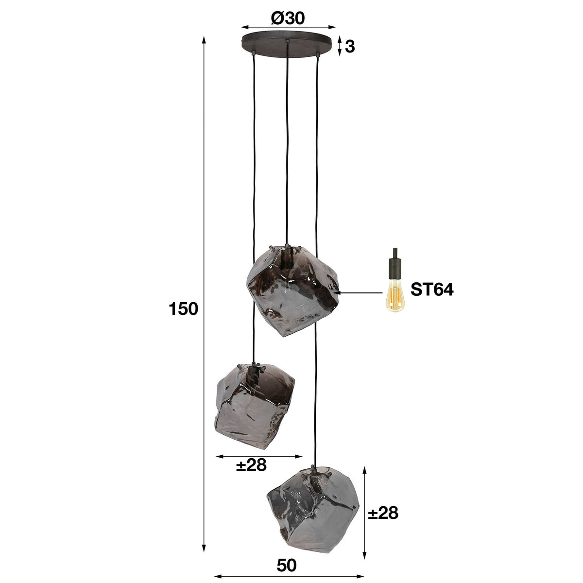 Pendelleuchte Rock gestuft 3-Fassungen / Chromglas
