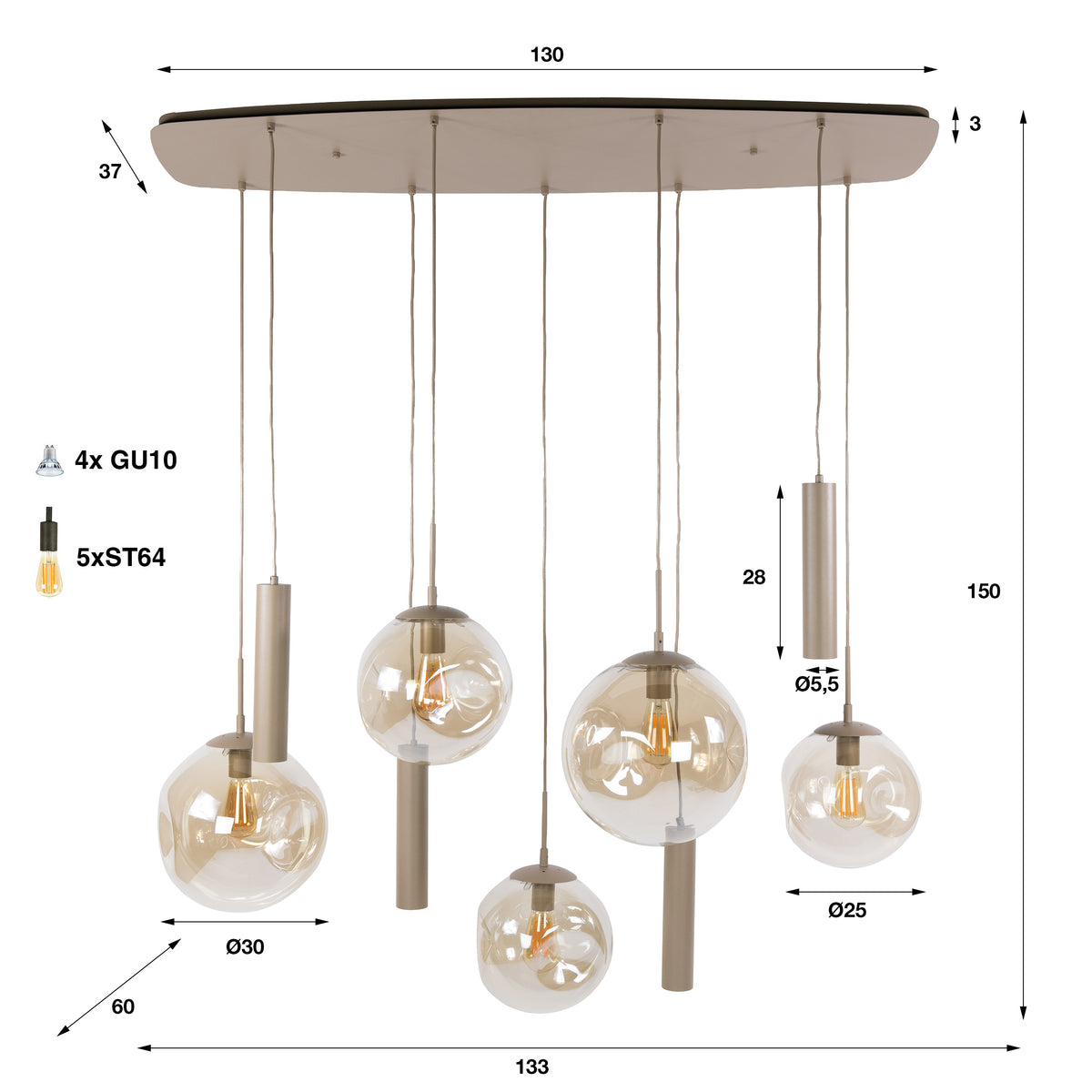 Pendelleuchte STELLAR 5+4F – 9-flammig – Sienna Braun oder Beige