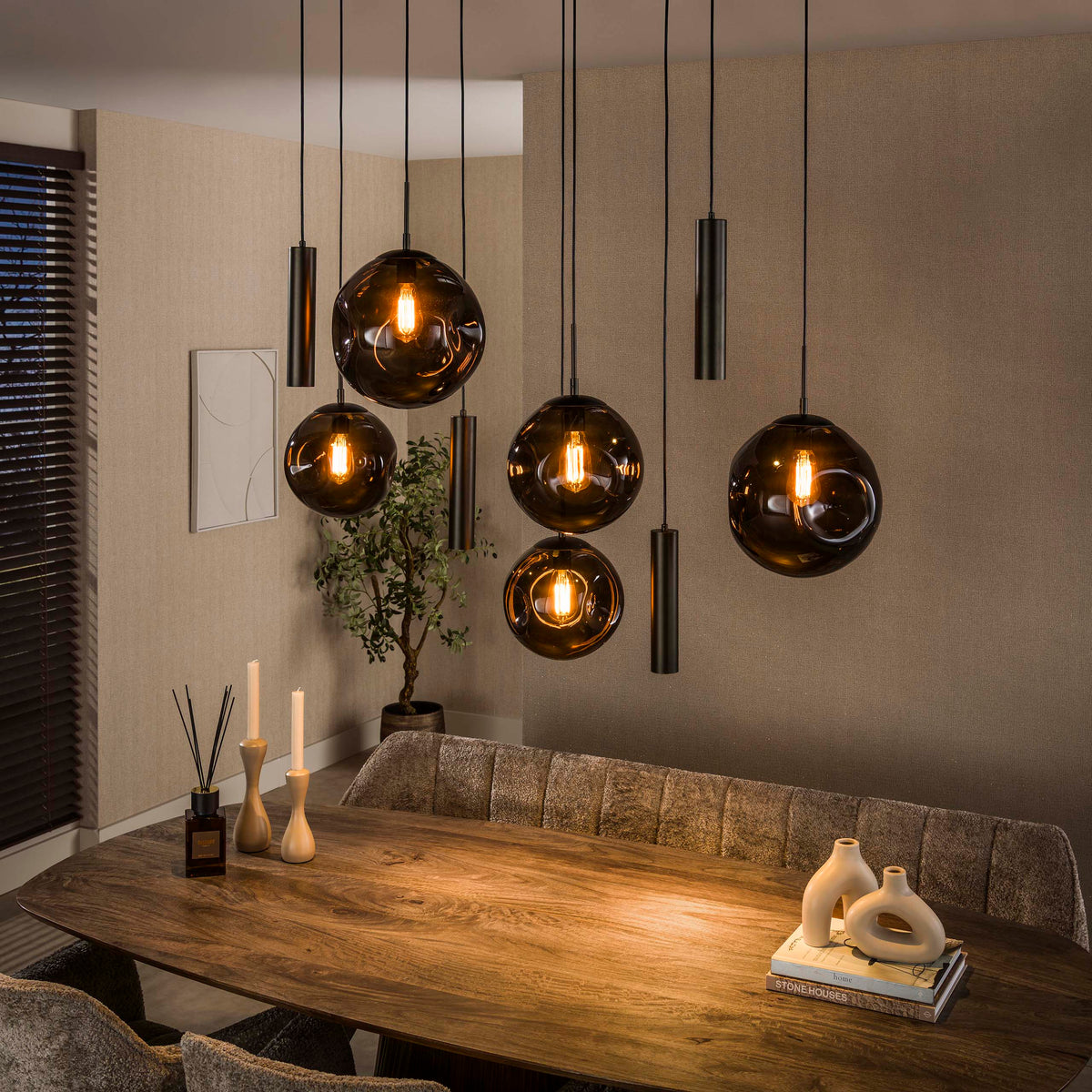Pendelleuchte STELLAR 5+4F – 9-flammig – Sienna Braun oder Beige
