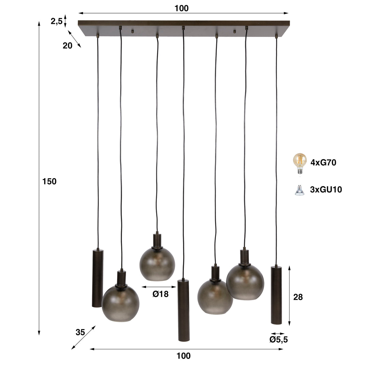 Pendelleuchte Sfera Tricolore 4+3-Fassungen