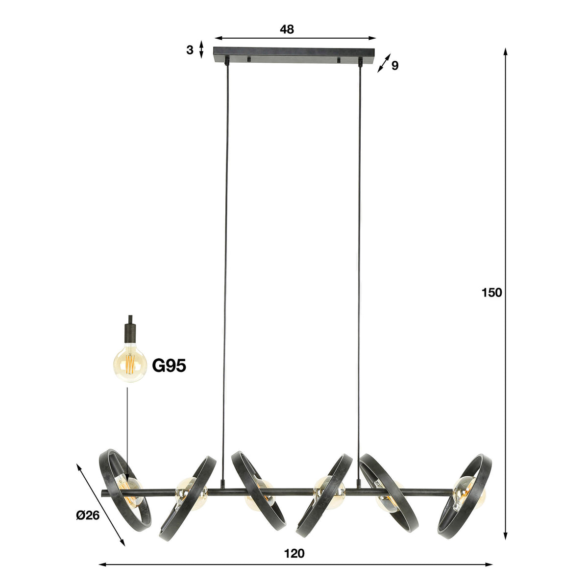 Pendelleuchte Hover Metallringe 6-Fassungen