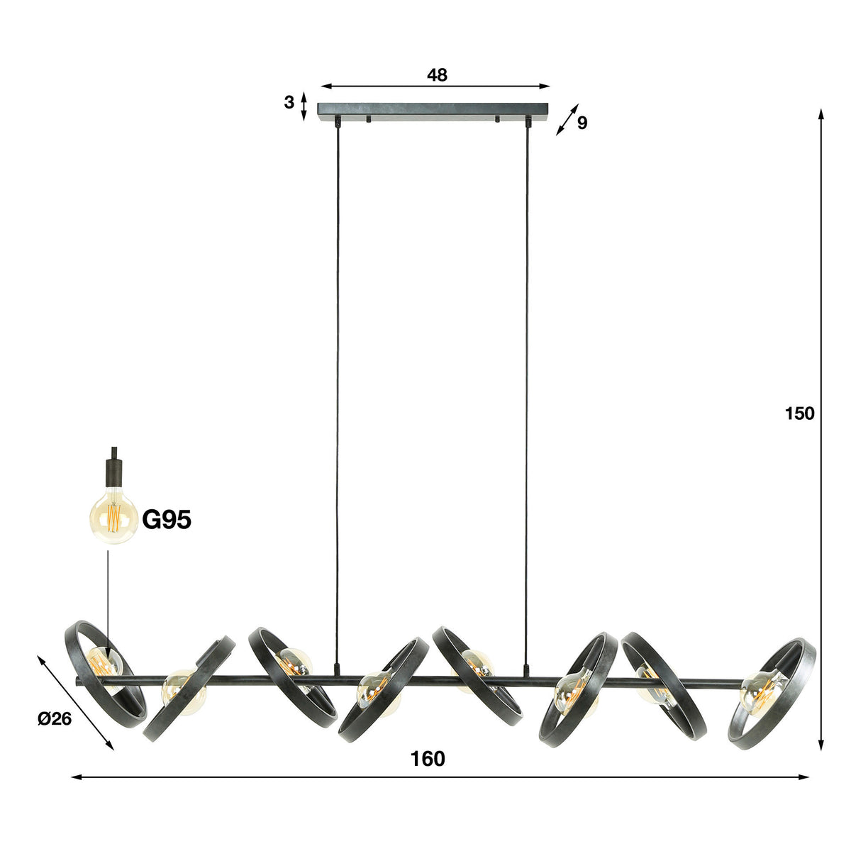 Pendelleuchte Hover Metallringe 8-Fassungen
