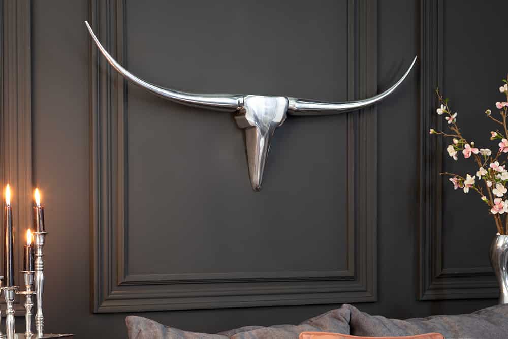 Moderne Design Wanddekoration BULL L 100cm silber Aluminium Stierkopf