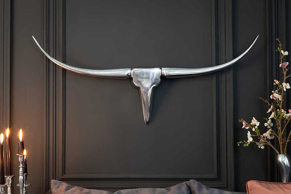 Moderne Design Wanddekoration BULL L 100cm silber Aluminium Stierkopf