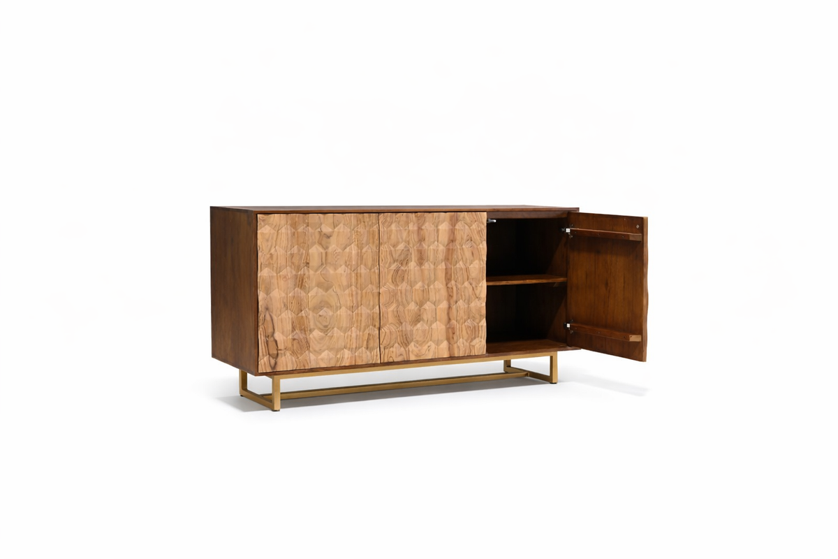 Sideboard 145 cm 3D-Wabenstruktur braun Akazienholz Metall gold