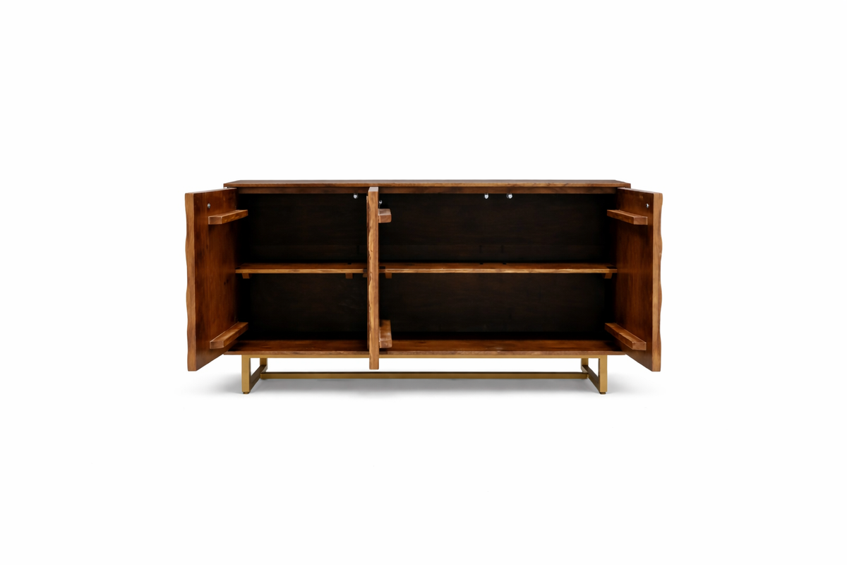 Sideboard 145 cm 3D-Wabenstruktur braun Akazienholz Metall gold