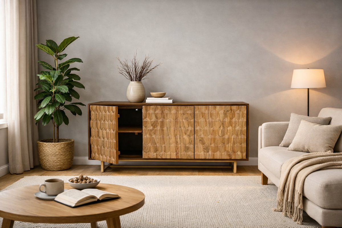 Sideboard 145 cm 3D-Wabenstruktur braun Akazienholz Metall gold