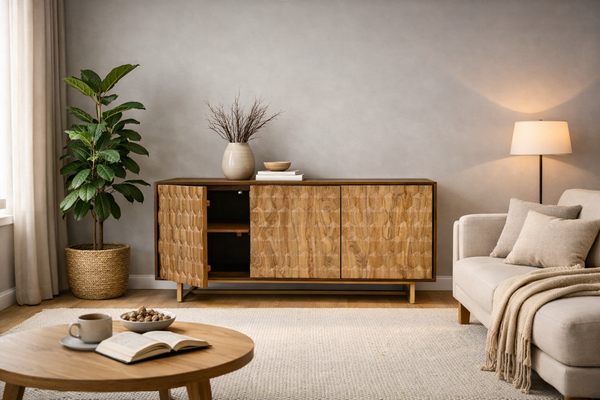 Sideboard 145 cm 3D-Wabenstruktur braun Akazienholz Metall gold