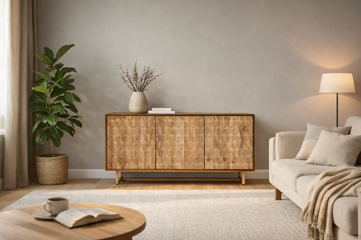 Sideboard 145 cm 3D-Wabenstruktur braun Akazienholz Metall gold