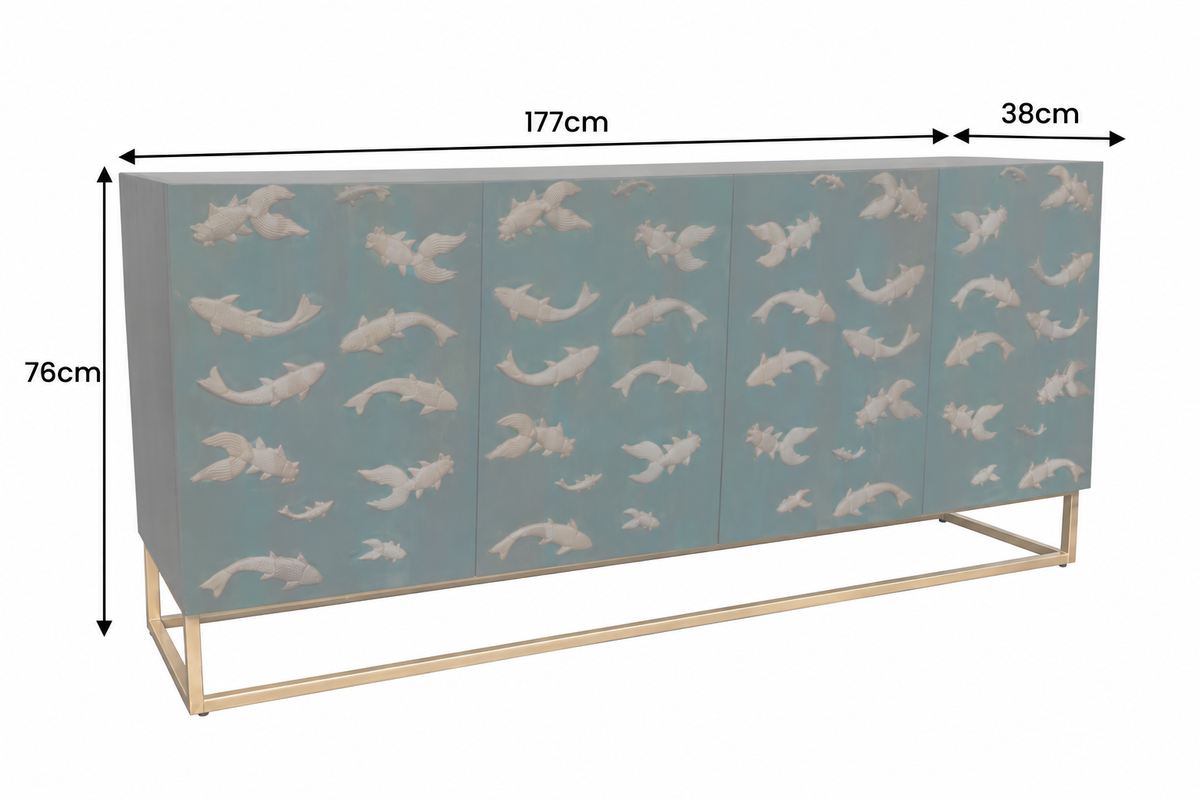 Massives Sideboard GOLDEN LAGOON 180cm türkis gold Mangoholz Metall 3D-Front