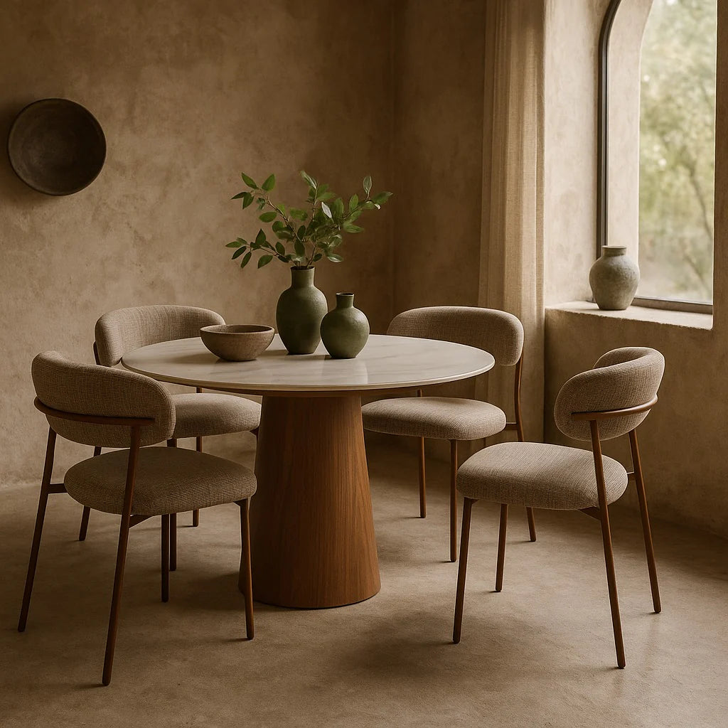 GAGAN Esstisch rund Keramik Marmordesign weiß 120 cm Nussbaum