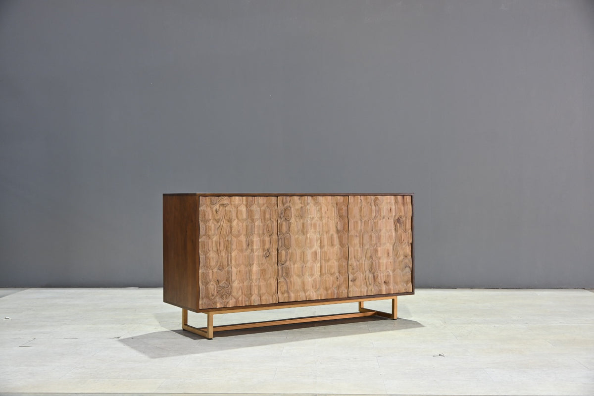 Sideboard 145 cm 3D-Wabenstruktur braun Akazienholz Metall gold