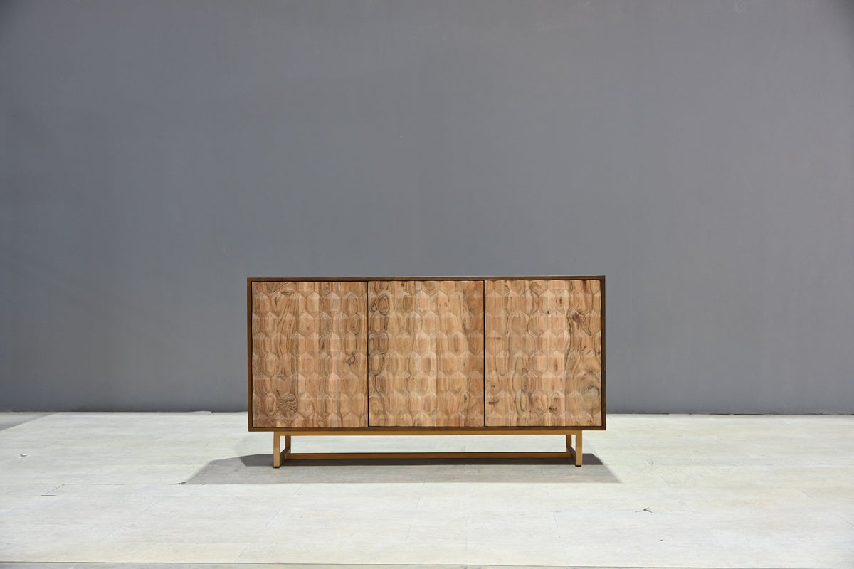 Sideboard 145 cm 3D-Wabenstruktur braun Akazienholz Metall gold