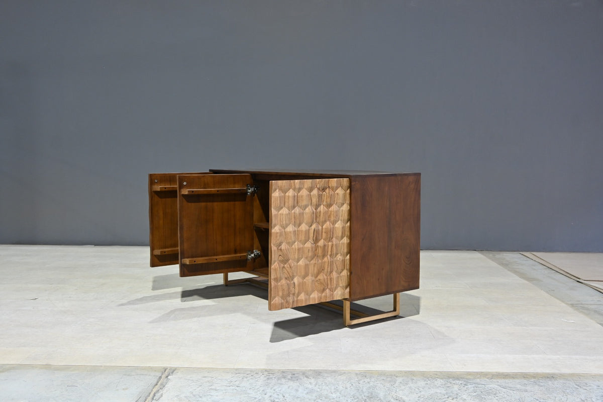 Sideboard 145 cm 3D-Wabenstruktur braun Akazienholz Metall gold