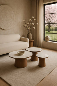 GAGAN Couchtisch Keramik Marmordesign Rund weiß Nussbaum