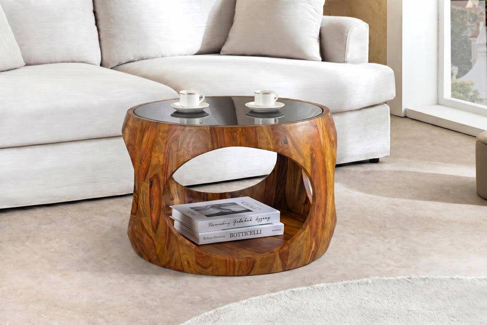 Runder Couchtisch ORGANIC LOOP 60cm braun stone finish Sheeshamholz Glas schwarz