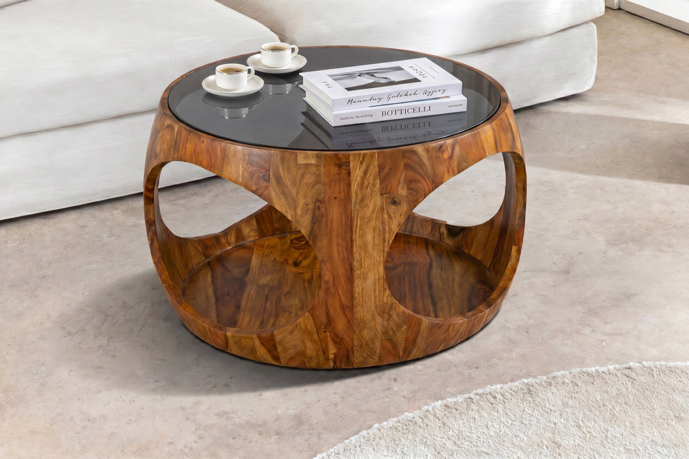 Runder Couchtisch ORGANIC LOOP 60cm braun stone finish Sheeshamholz Glas schwarz