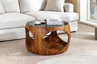 Runder Couchtisch ORGANIC LOOP 60cm braun stone finish Sheeshamholz Glas schwarz