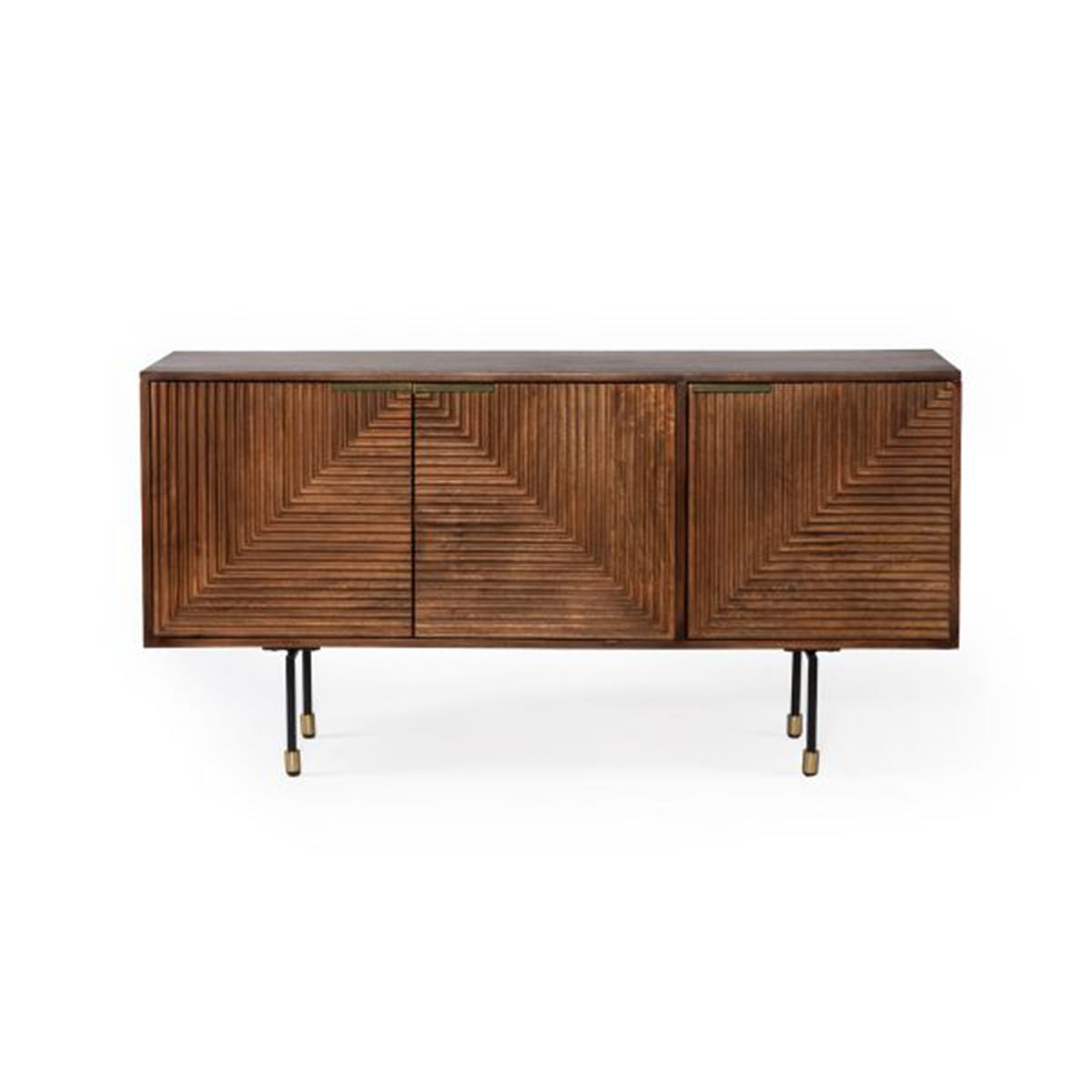FLUTED  Sideboard 154 cm braun Mangoholz Riffeloptik Metallfüße schwarz-gold