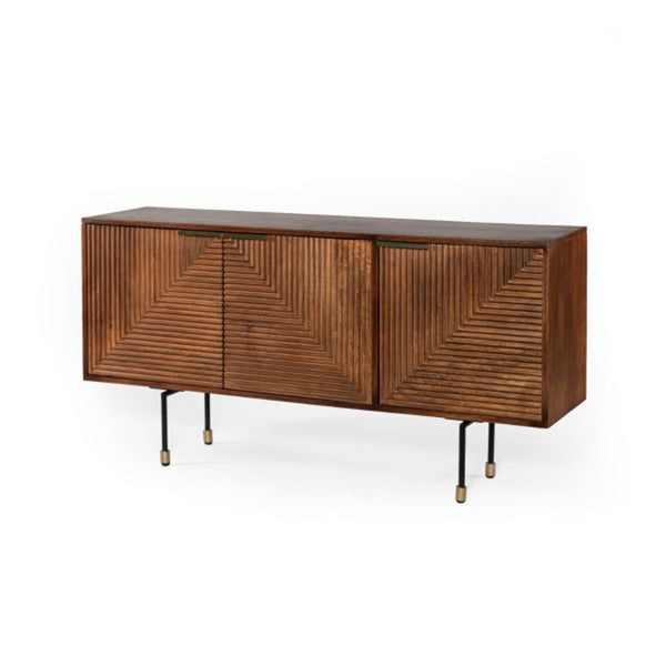 FLUTED  Sideboard 154 cm braun Mangoholz Riffeloptik Metallfüße schwarz-gold