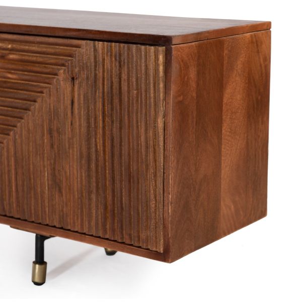 FLUTED TV-Board Lowboard 270 braun Mangoholz Riffeloptik Metallfüße schwarz-gold