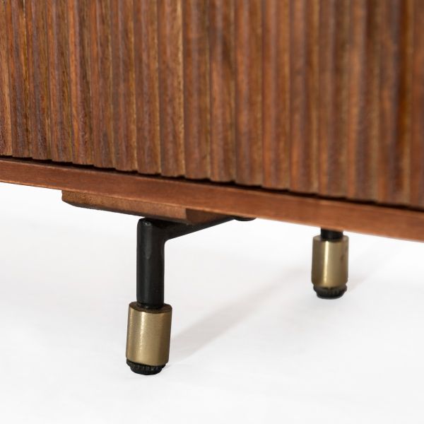 FLUTED TV-Board Lowboard 270 braun Mangoholz Riffeloptik Metallfüße schwarz-gold