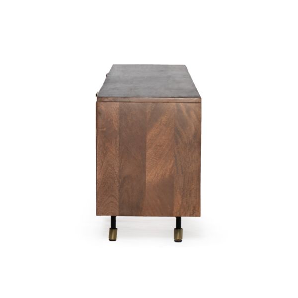 FLUTED TV-Board Lowboard 270 braun Mangoholz Riffeloptik Metallfüße schwarz-gold