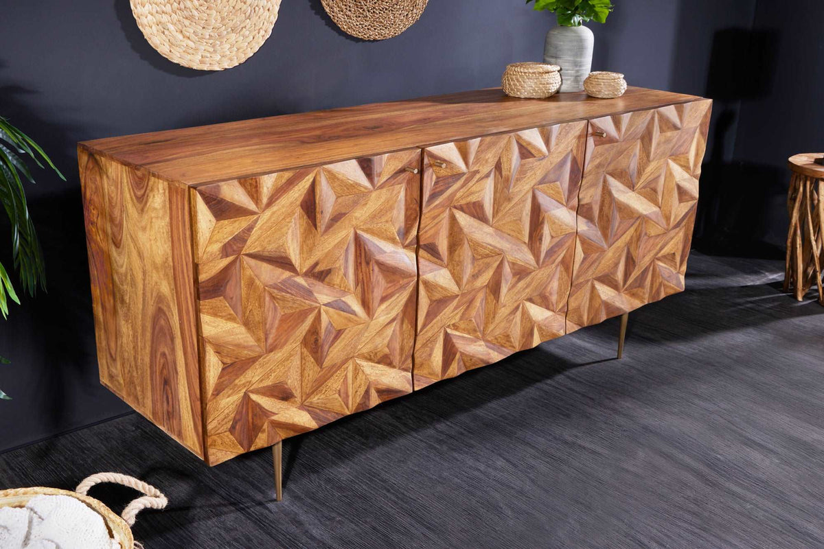 ALPINE Massives Sideboard 145cm Sheesham stone finish Metall matt gold