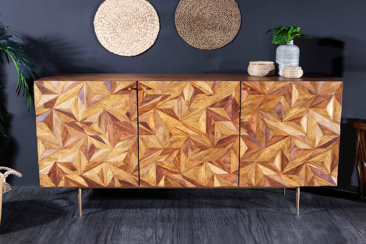 ALPINE Massives Sideboard 145cm Sheesham stone finish Metall matt gold