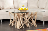 Design Teakholz Couchtisch DRIFTWOOD 80cm mit Glasplatte eckig