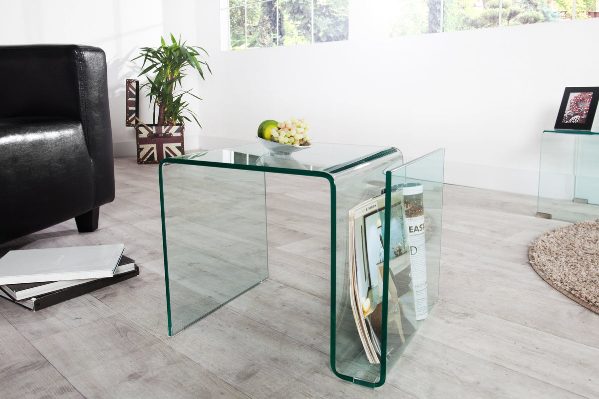 FANTOME Extravaganter Glas Couchtisch 50cm Beistelltisch mit Ablage für Magazine transparent