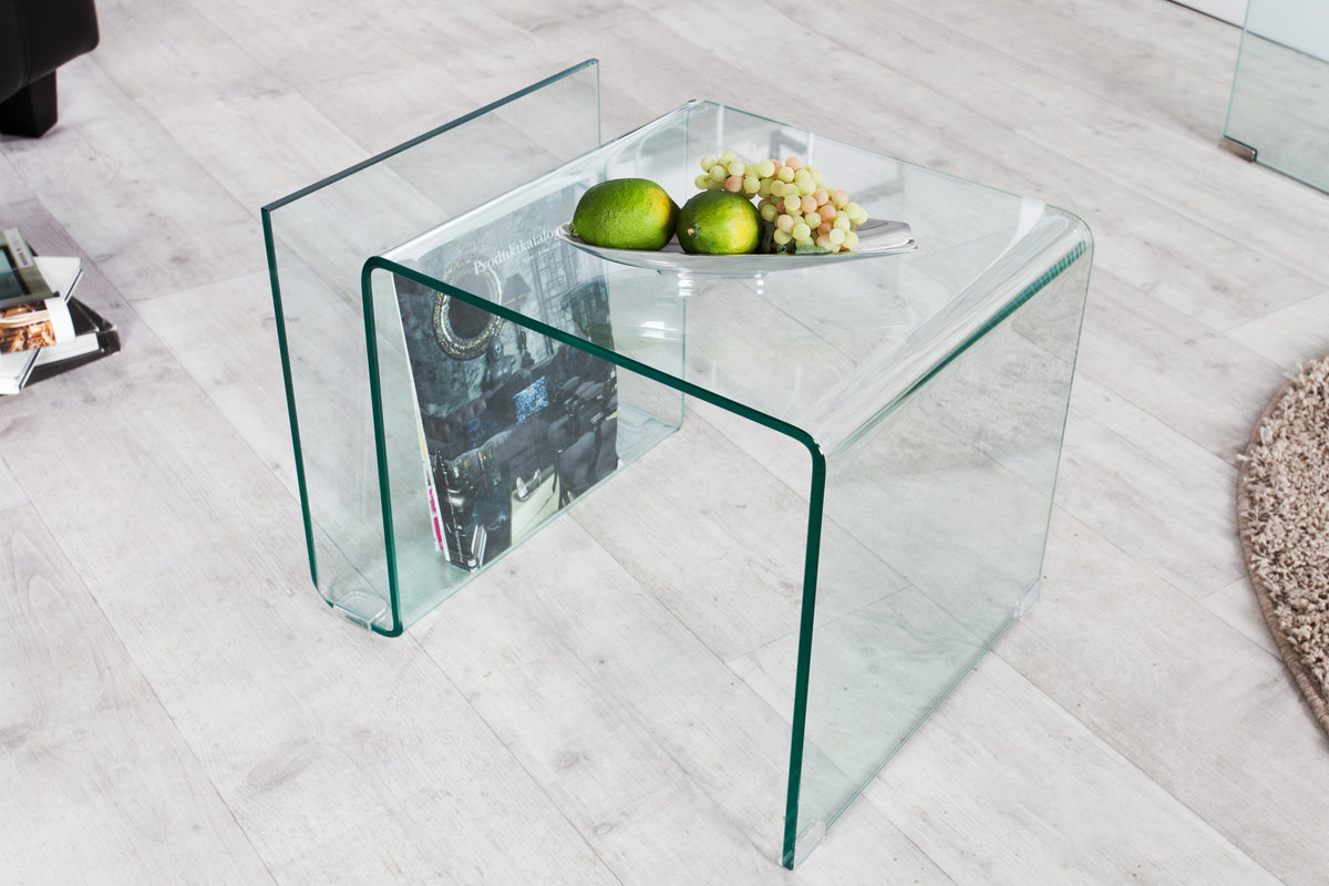 FANTOME Extravaganter Glas Couchtisch 50cm Beistelltisch mit Ablage für Magazine transparent