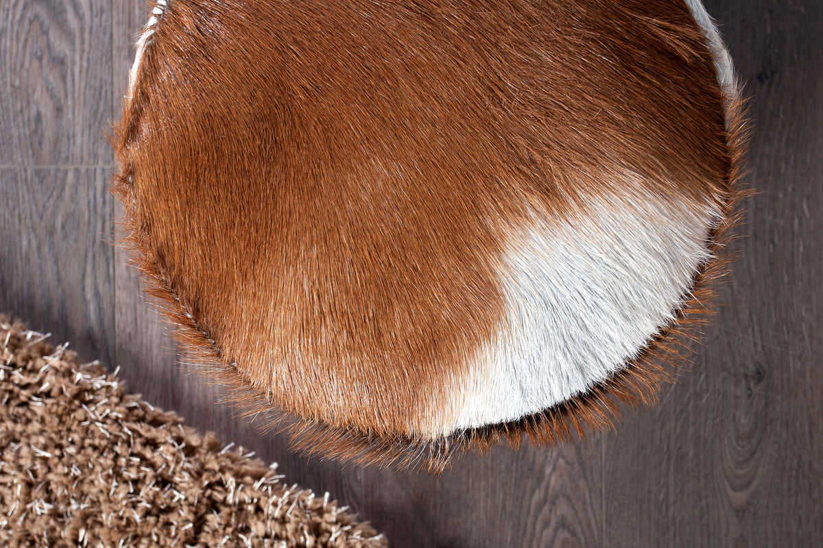 HIDE Design stool 45cm brown white with goatskin and teak