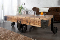 RAILWAY Massiver Design Couchtisch 110cm Mangoholz mit 4 Rädern