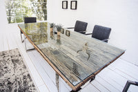 BARRACUDA solid dining table 240cm antique teak wood with steel sled feet including glass top