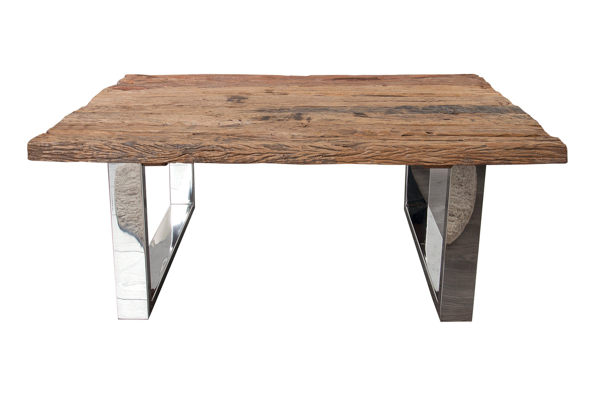 BARRACUDA Eindrucksvoller Couchtisch 110cm antik Teakholz mit Kufengestell und Glas