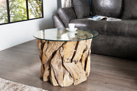 RIVERSIDE Handgearbeiteter Couchtisch 60cm Teakholz runde Glasplatte Massivholz